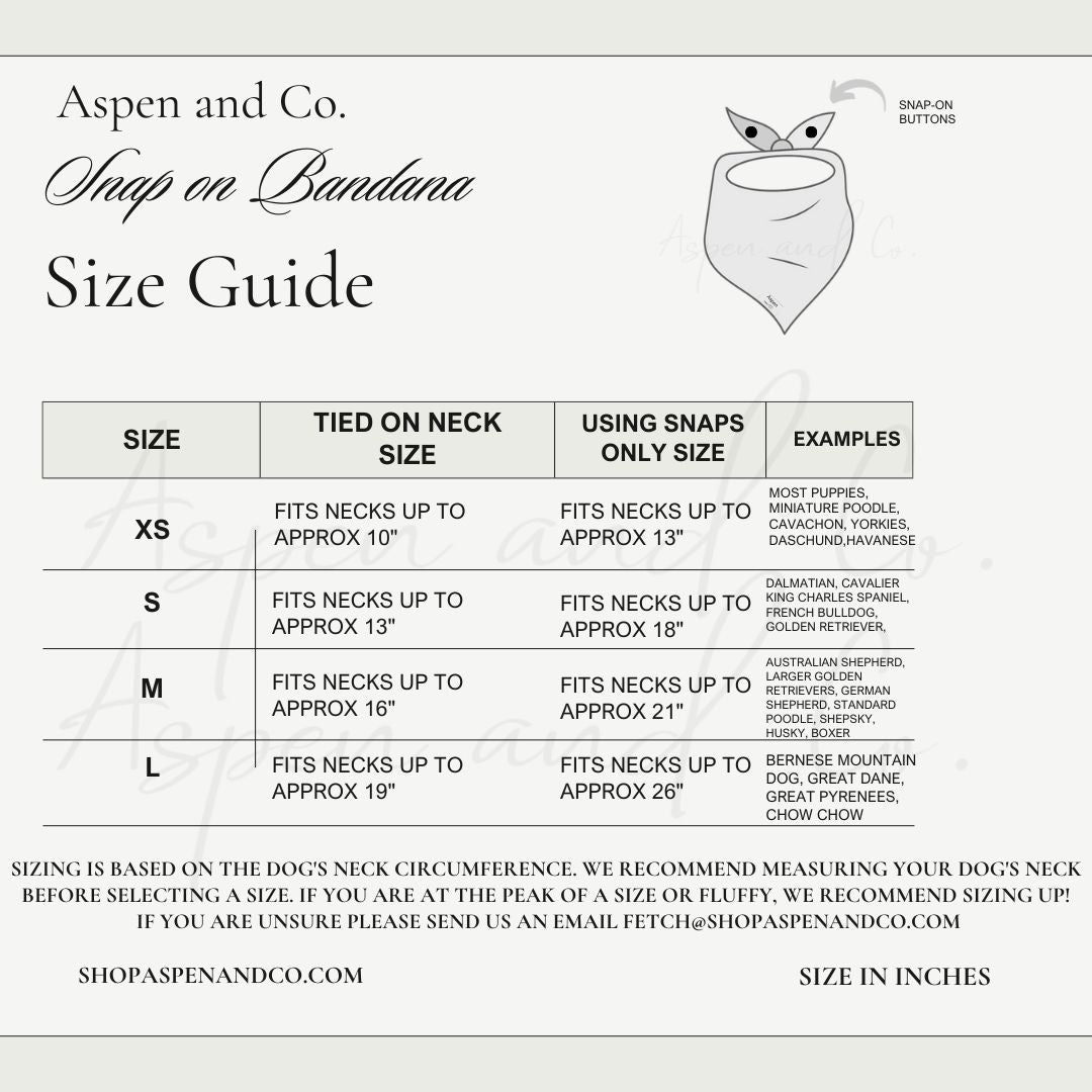Snap-on dog bandana size chart showing neck measurements and corresponding bandana sizes for a comfortable fit