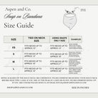 Snap-on dog bandana size chart showing neck measurements and corresponding bandana sizes for a comfortable fit