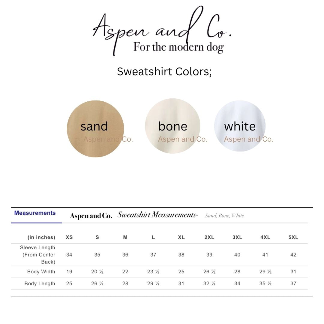 Sweatshirt size and color chart showing unisex sizes from small to 2XL and color options including white, bone, and sand.
