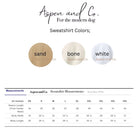 Sweatshirt size and color chart showing unisex sizes from small to 2XL and color options including white, bone, and sand.