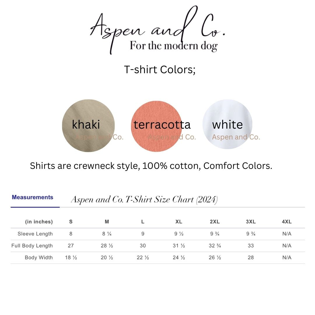 T-shirt size and color chart showing available unisex sizes from small to 2XL and color options including white and khaki.