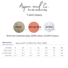 T-shirt size and color chart showing available unisex sizes from small to 2XL and color options including white and khaki.