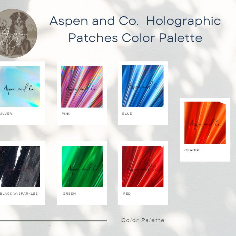 Color chart displaying holographic swatches in various shades including black, blue, green, silver, orange, pink, and others, showing reflective finishes and color variations.