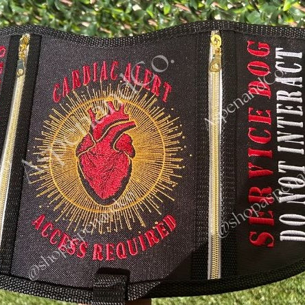 Cardiac response service dog vest, embroidered with anatomical hear, cardiac alert vest