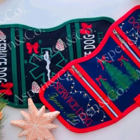 Two holiday themed service dog vests by Aspen and Co.