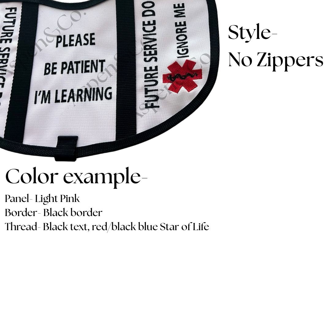 Close-up of Future Service Dog embroidery reading Please Be Patient I’m Learning