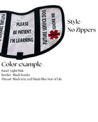 Close-up of Future Service Dog embroidery reading Please Be Patient I’m Learning