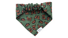 Back view of olive monarch butterfly scrunchie slide-on dog bandana showing elastic scrunchie collar slide-on