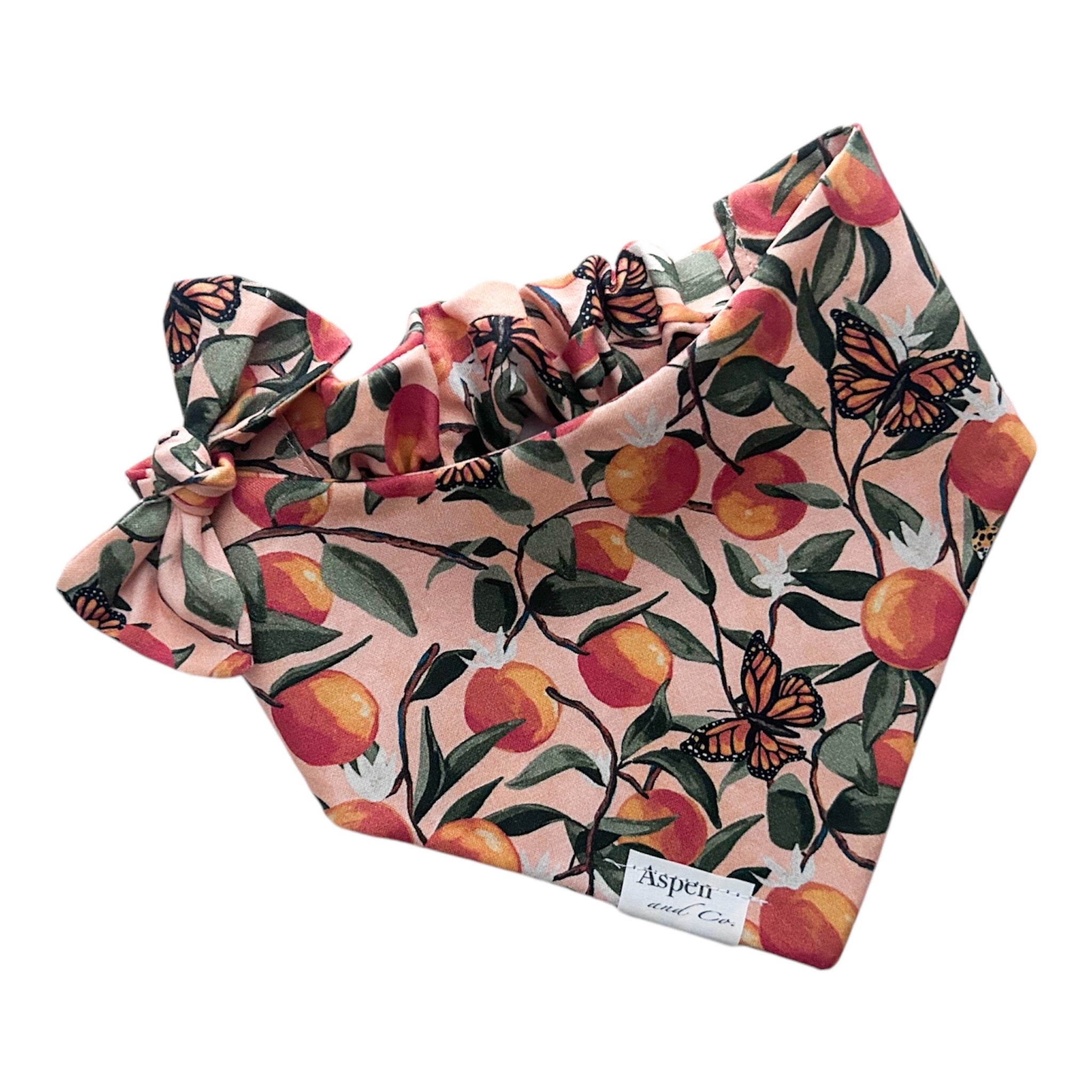 Bandana with matching bow — Dog bandana in Butterfly Orange Blossoms print paired with a coordinating hair bow on alligator clip.