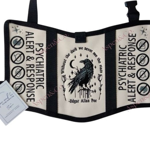Fully embroidered psychiatric alert and response dog vest with raven design