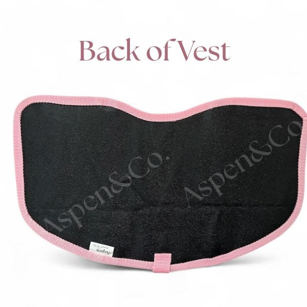 Pink floral service dog vest with professional black paneling back easy to wipe and durable.