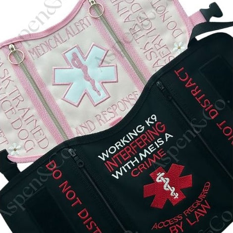 Two dog vests with emergency medical symbols and text on a white background created and designed by Aspen and Co.