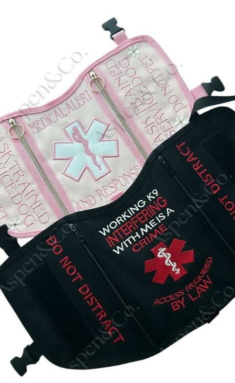 Two dog vests with emergency medical symbols and text on a white background created and designed by Aspen and Co.