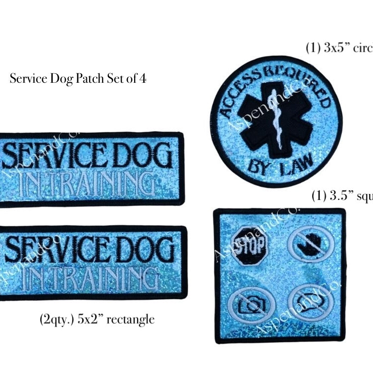 Set of four service dog patches with different shapes and text on a white background.