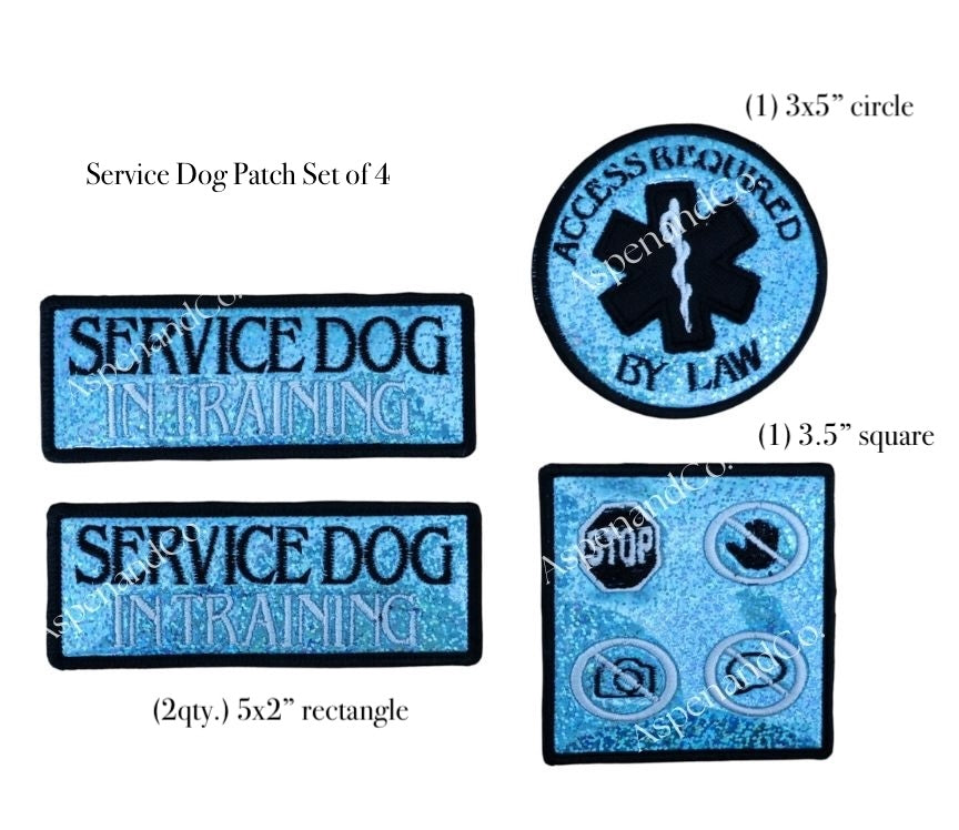Set of four service dog patches with different shapes and text on a white background.