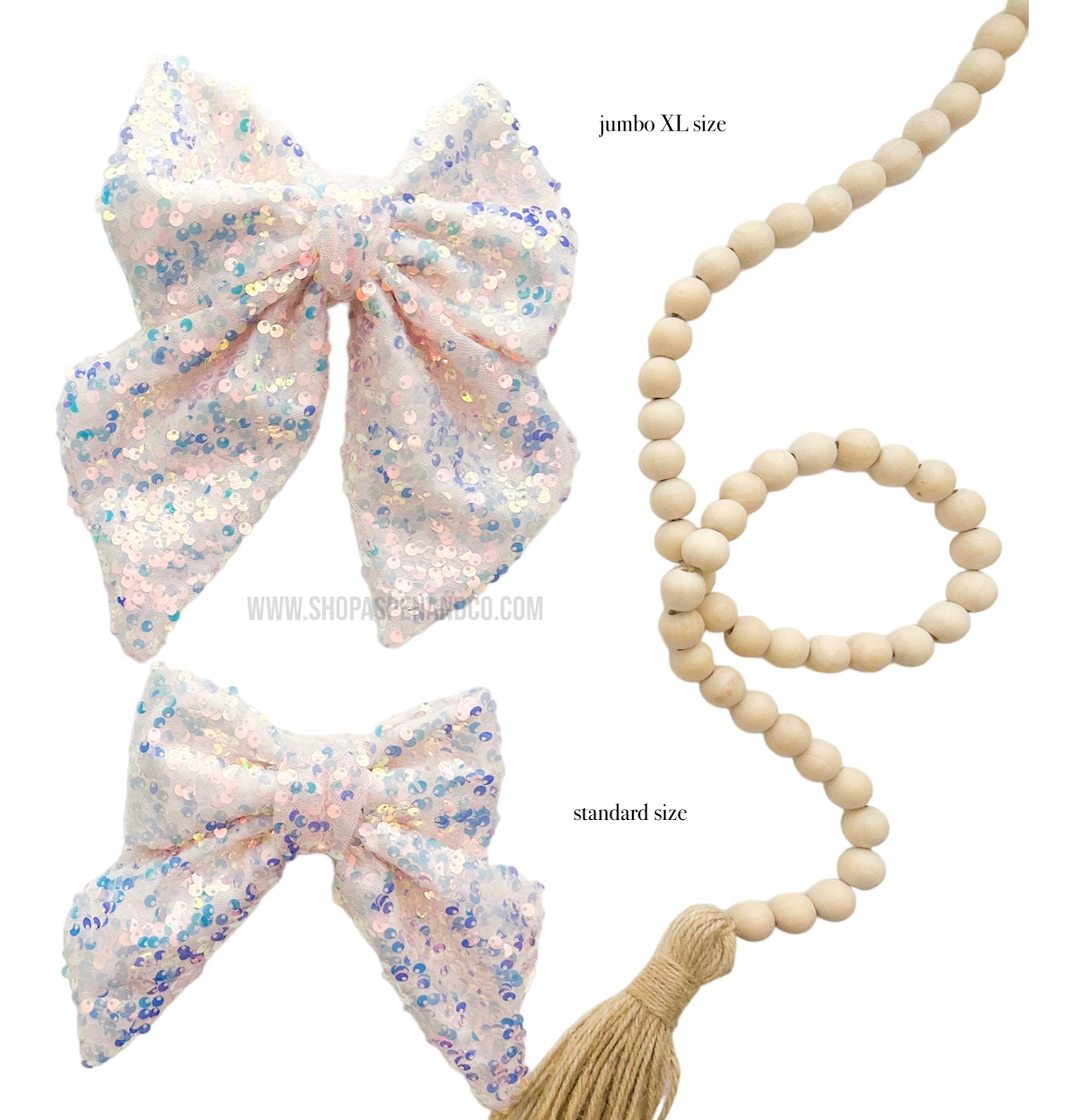 Two sizes of sparkle sequin bow ties: Jumbo XL and Standard side by side