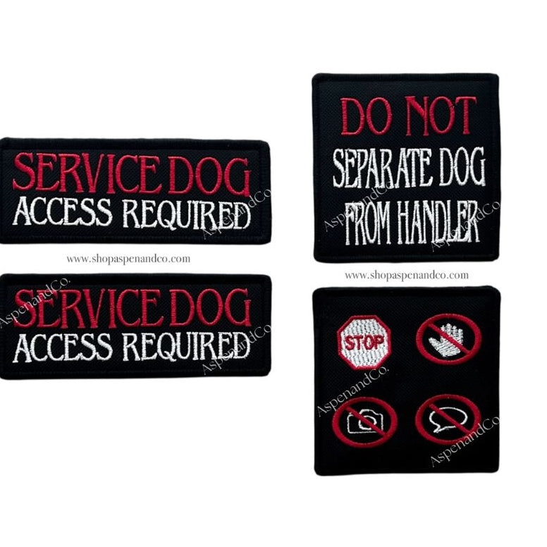 Set of four embroidered dog patches for service dog vests or harnesses on a white background. Patches are black with red and white words.