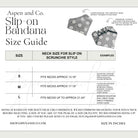 Size chart for Aspen and Co.’s slip-on dog bandanas showing measurements for XS through Large.