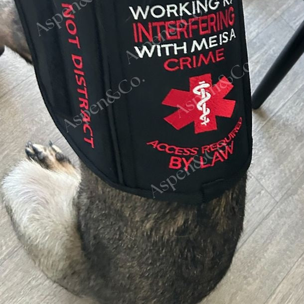A dog wearing the Aspen & Co. Working K9 vest indoors. The vest features red and white embroidery, a bold red medical symbol, and clearly visible warnings such as “DO NOT DISTRACT” and “ACCESS REQUIRED BY LAW.” Dog's girth is just shy of 31"