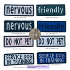 embroidered 5x2  dog patches in various colors with different words: Nervous, Friendly, Do Not Pet. This image shows available color options