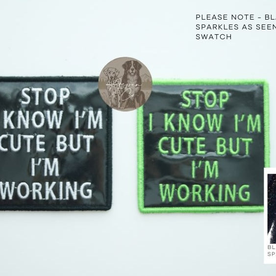 Black holographic dog patches with white text and with green text and green border, both saying "Stop I Know I'm Cute But I'm Working," designed for dog vests, harnesses, or capes.