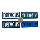embroidered 5x2  dog patches in various colors with different words: Nervous, Friendly,