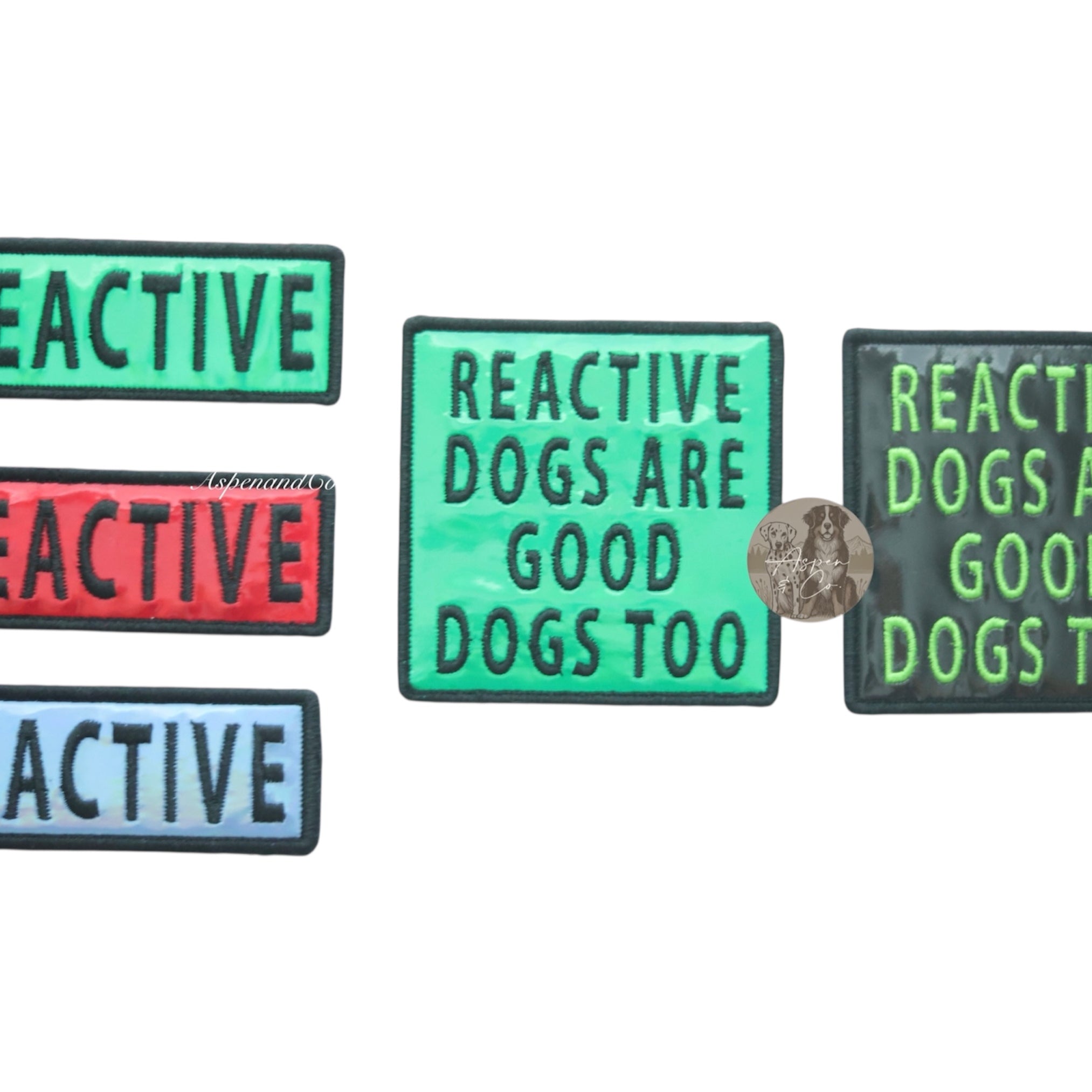 Photo showing available color options for holographic reactive dog patches: blue, green, red, and black.