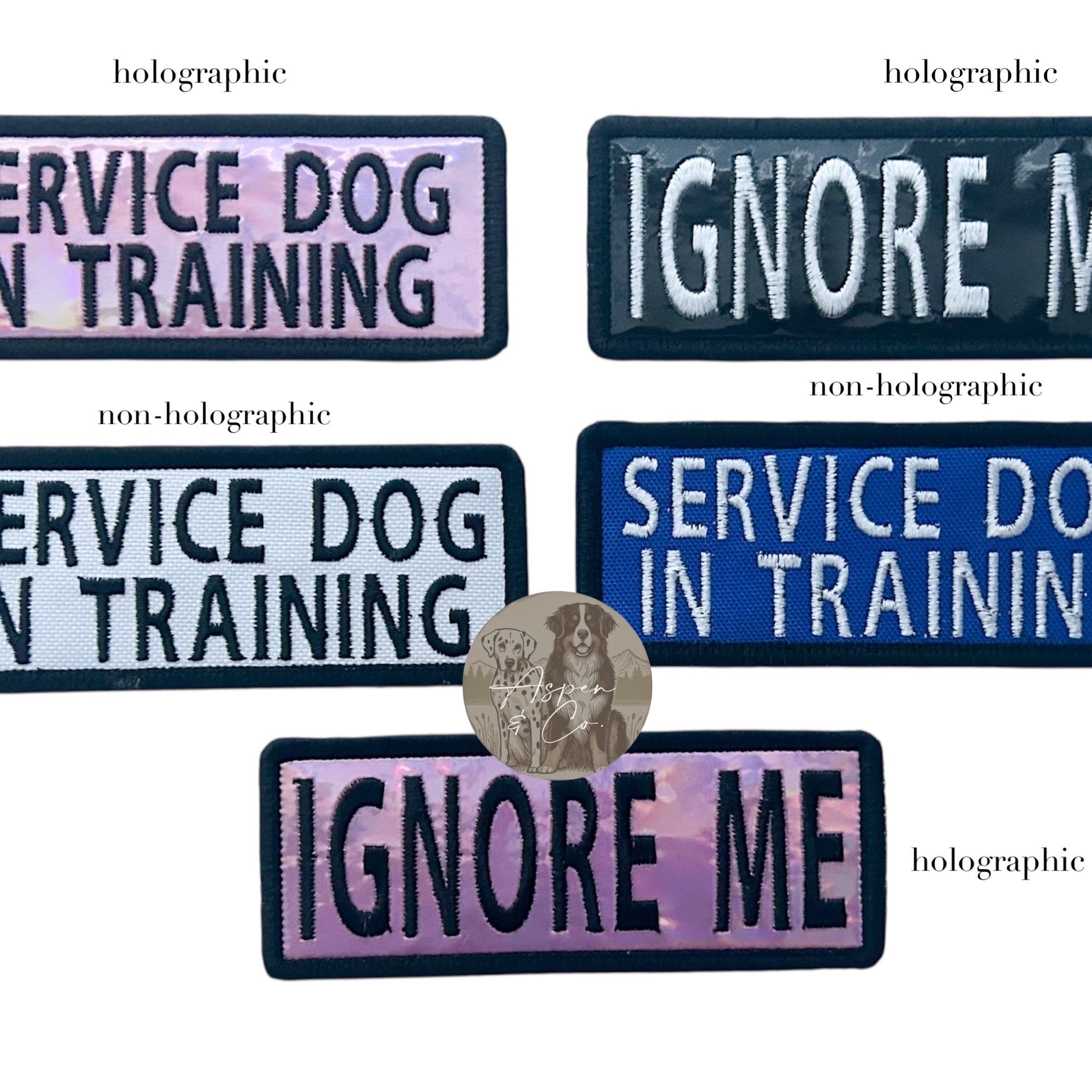 Multiple embroidered patches reading “Service Dog in Training” and “Ignore Me” in holographic and standard styles with the patch style options highlighted