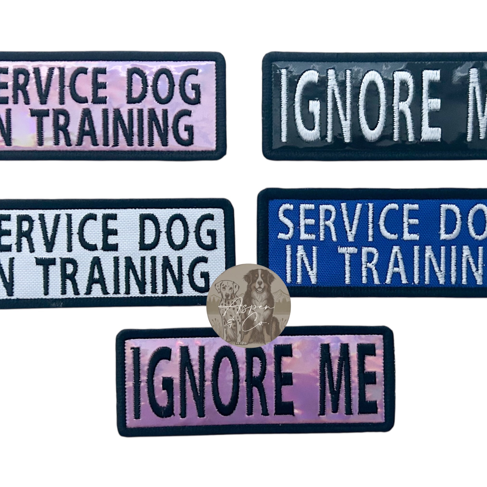Multiple embroidered patches reading “Service Dog in Training” and “Ignore Me” in holographic and standard styles