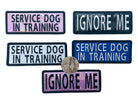 Multiple embroidered patches reading “Service Dog in Training” and “Ignore Me” in holographic and standard styles