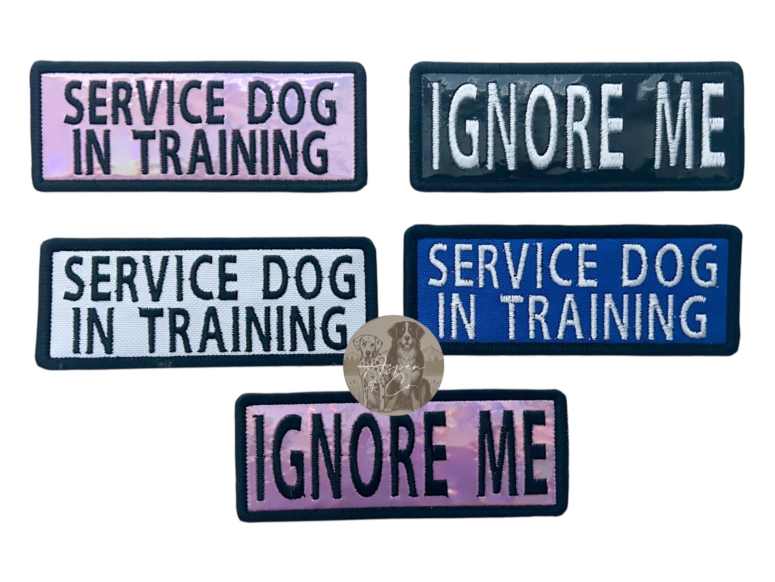 Multiple embroidered patches reading “Service Dog in Training” and “Ignore Me” in holographic and standard styles