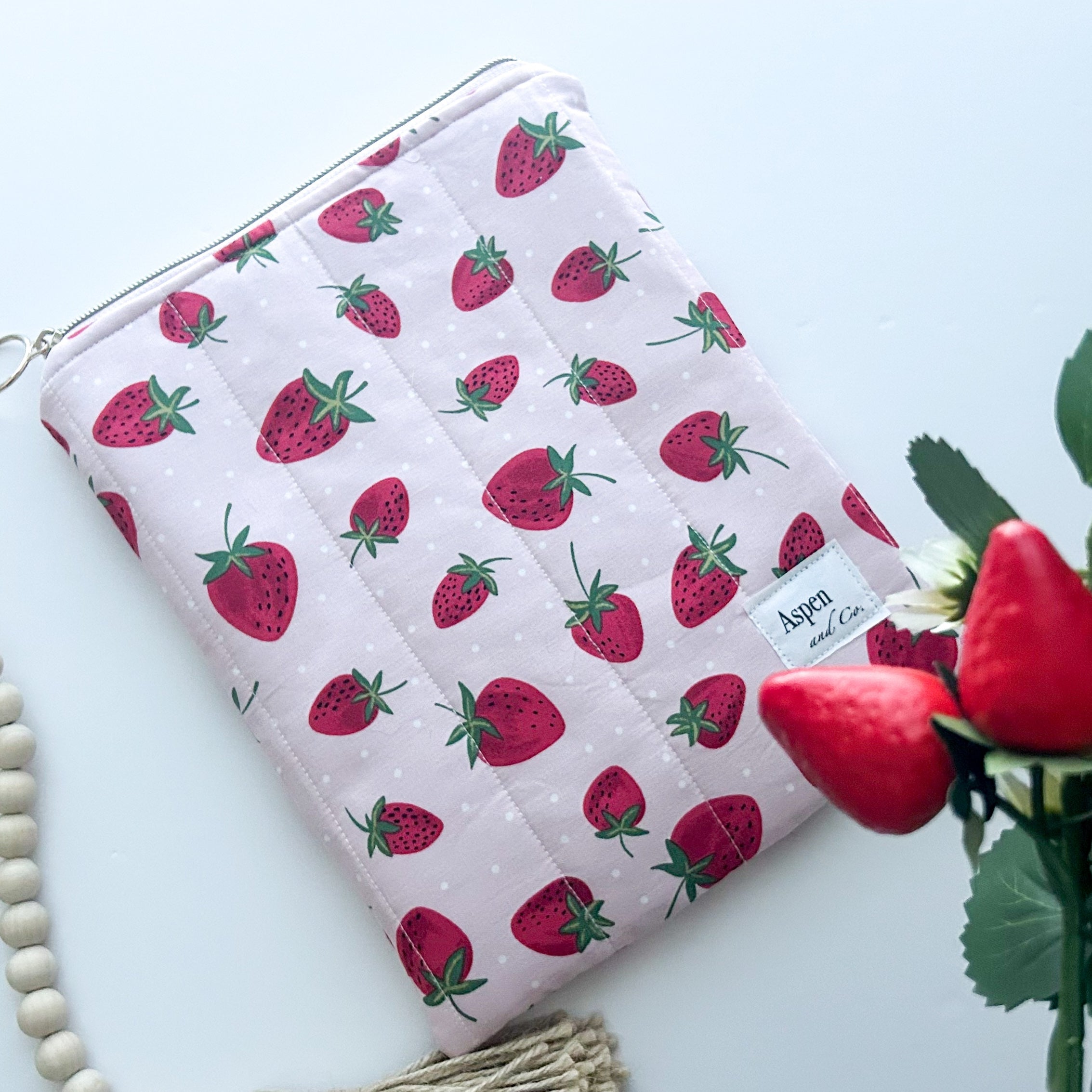 Handmade strawberry quilted book sleeve with zipper, pink fabric pouch for e-readers, hardcovers paperbacks