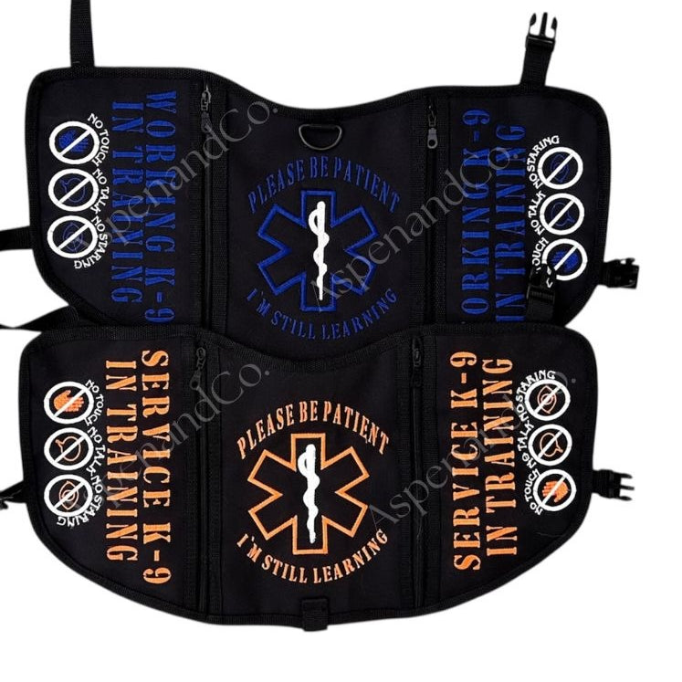 Black service dog vest with text and medical symbol on a white background