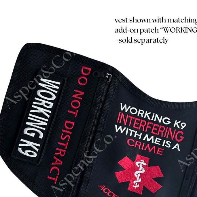 The Aspen & Co. Working K9 vest shown with the “WORKING K9” Velcro patch attached on the left panel. Zoomed view highlights bold embroidery, panel seams, and Velcro patch compatibility.