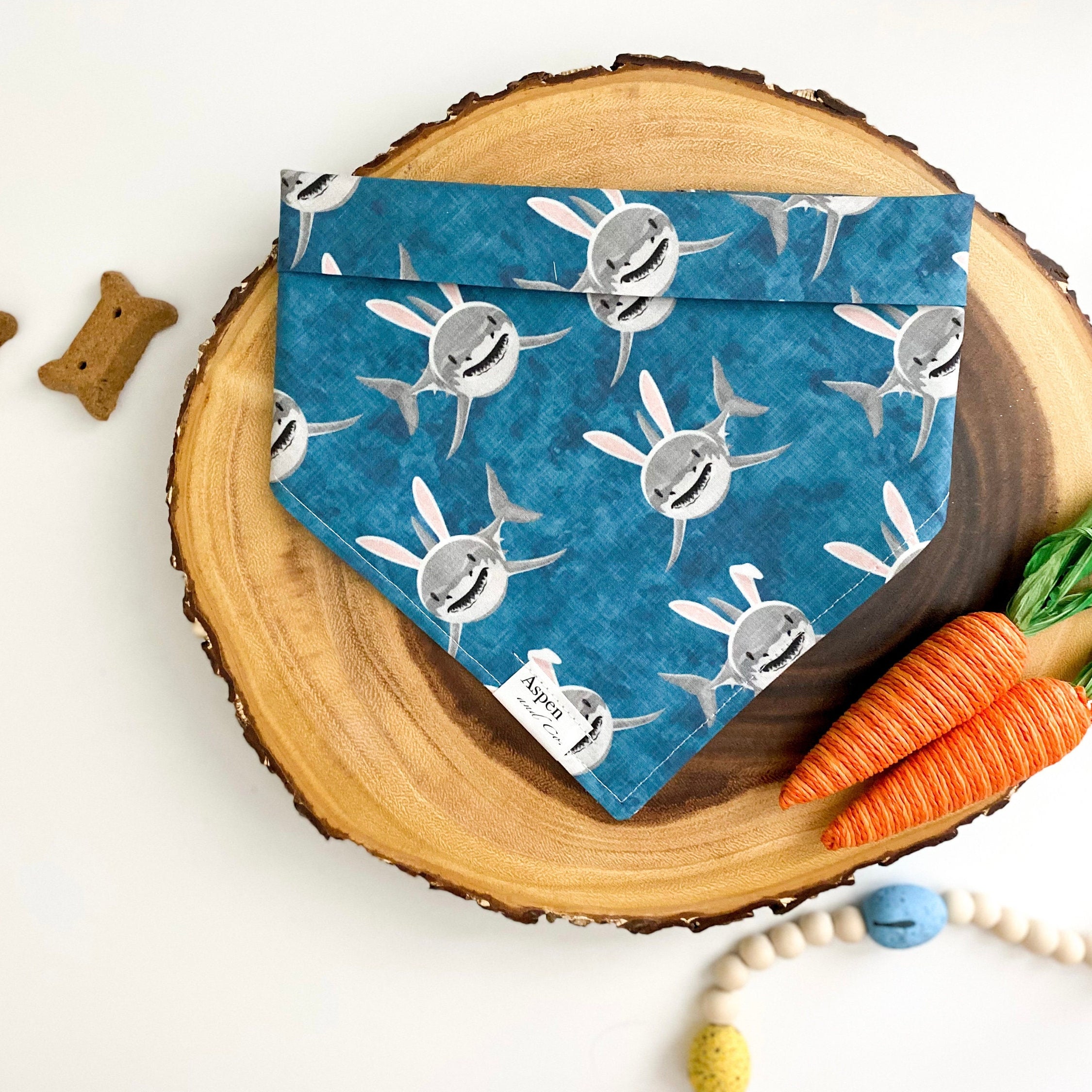 easter dog bandana showing a shark wearing bunny ear headband, dog bandana, custom dog bandanas, waterproof dog bandanas