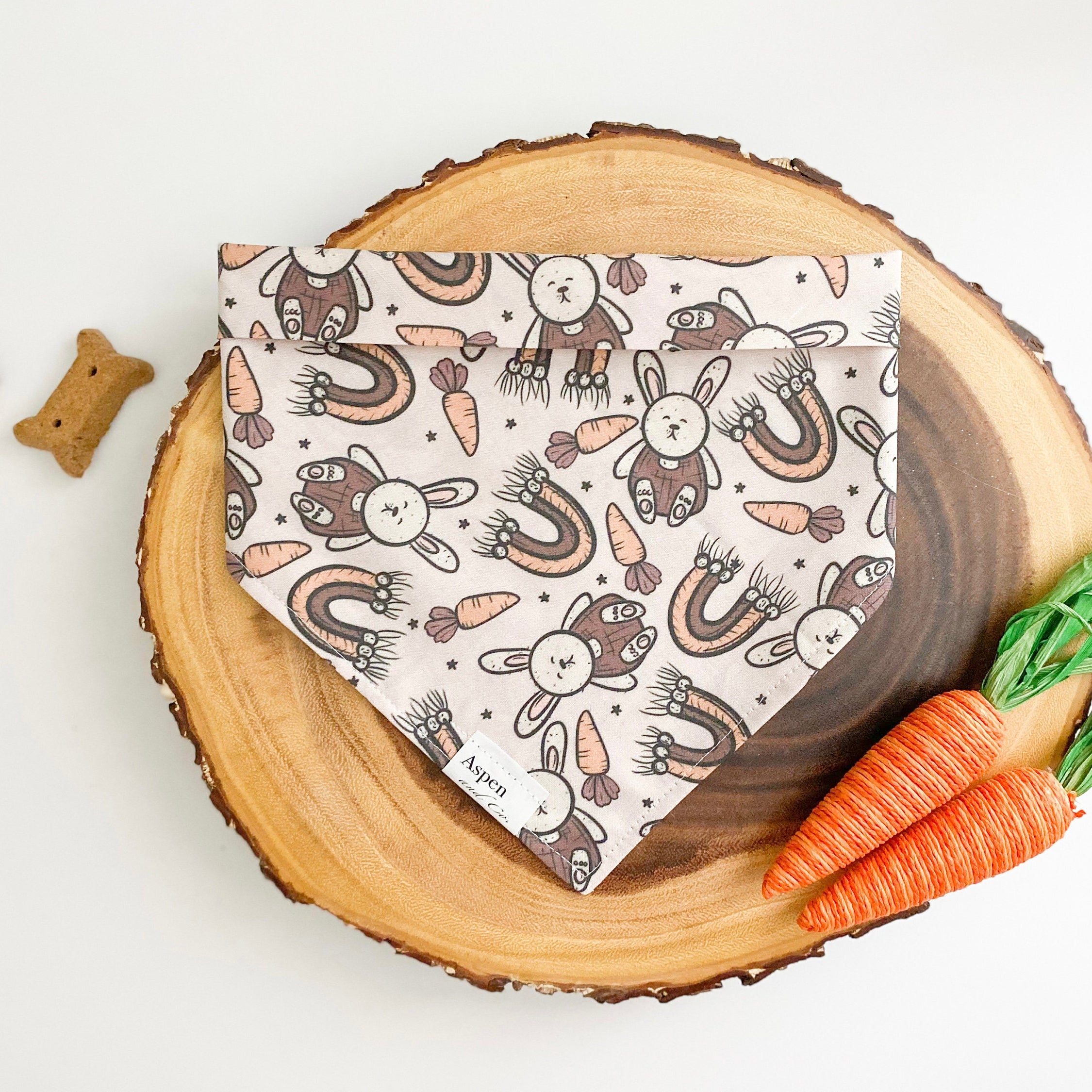 Easter Dog Bandana with boho rainbow and cute bunnies in overalls.