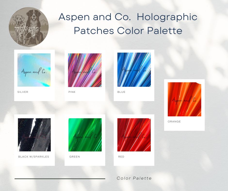 Color chart displaying holographic swatches in various shades including black, blue, green, silver, orange, pink, and others, showing reflective finishes and color variations.