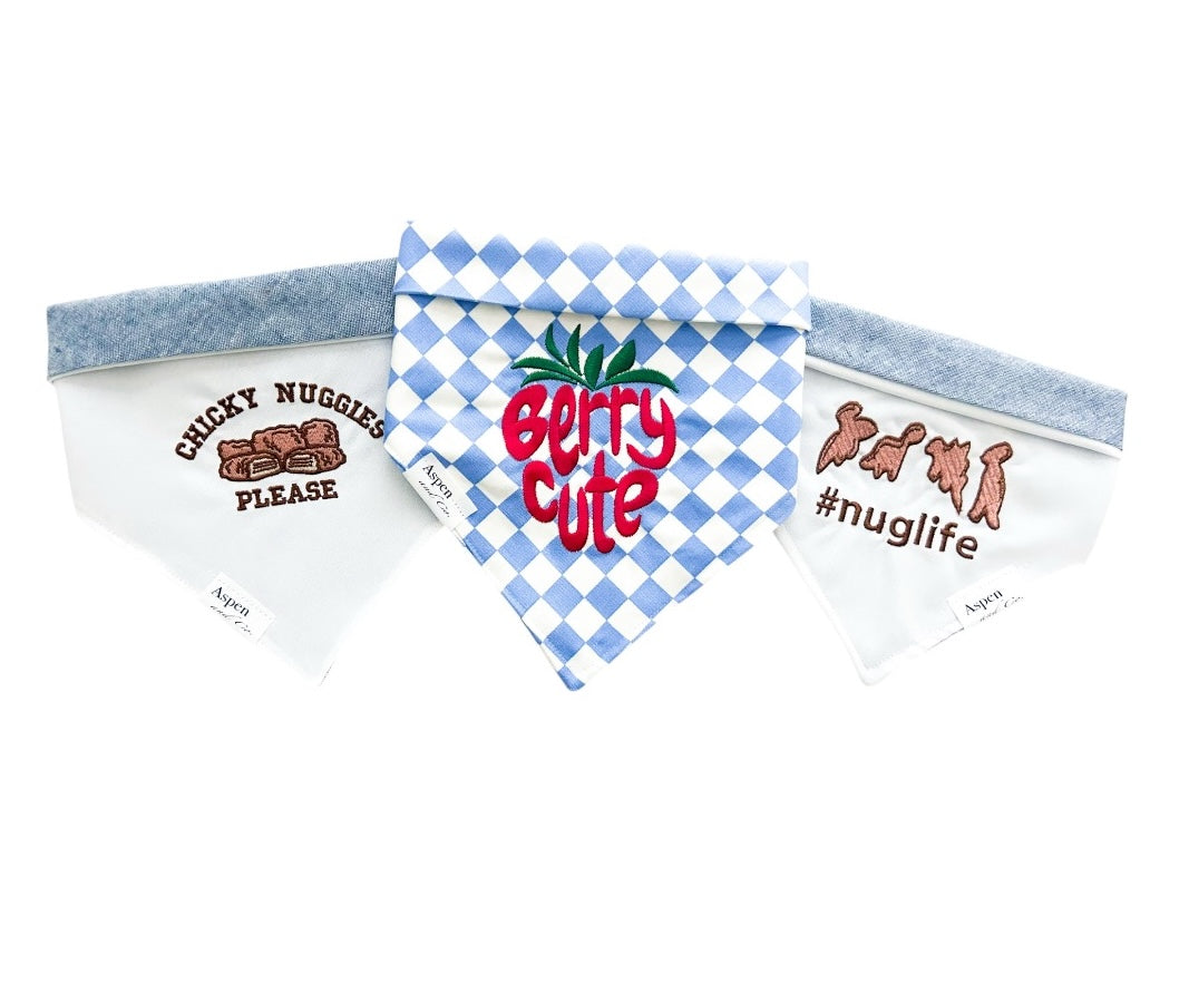 Three fun and colorful embroidered dog bandanas displayed side by side, showcasing different playful designs and patterns for stylish pets.