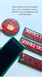 Set of embroidered service dog patches and reactive dog patches showing hook backing