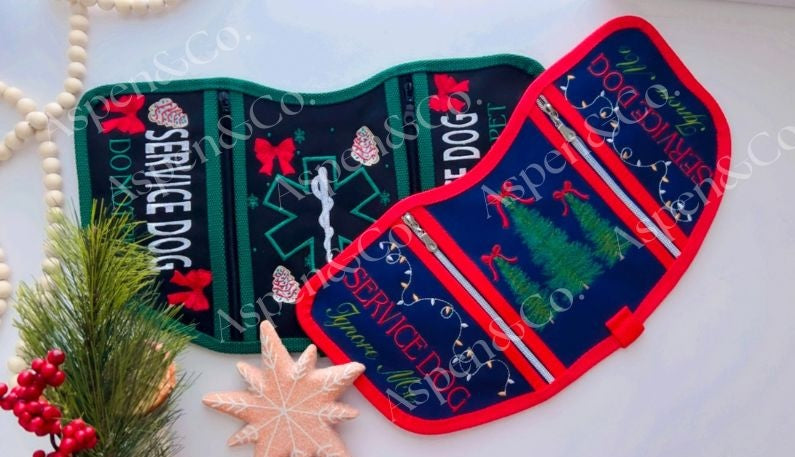 Two holiday themed service dog vests by Aspen and Co. 