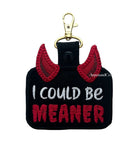Embroidered “Could Be Meaner” snap patch tab with swivel clasp attached, black patch with red lettering and clean stitched backing.