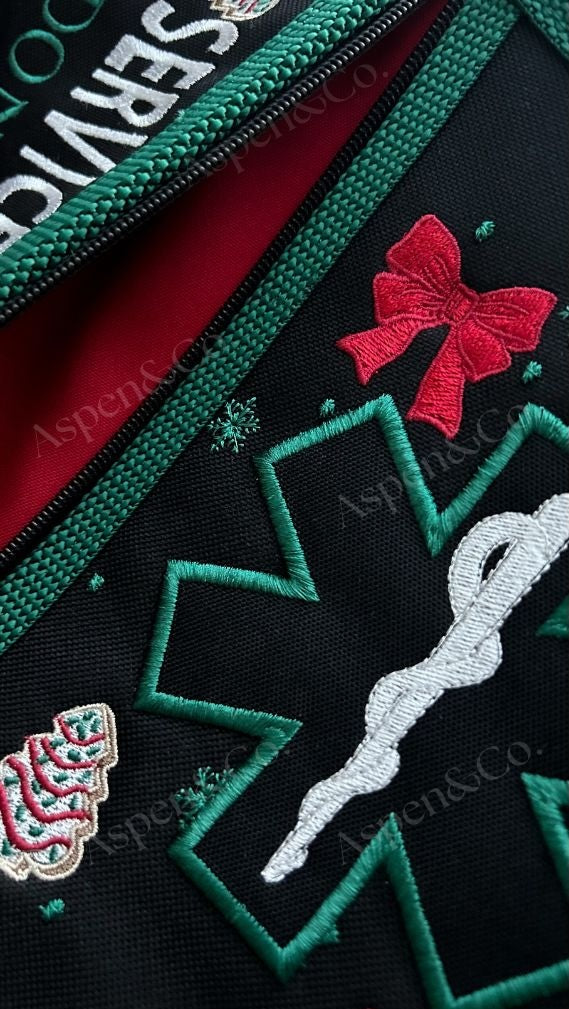 Interior view of the service dog vest’s lined pockets, showing zipper and festive holiday stitching.