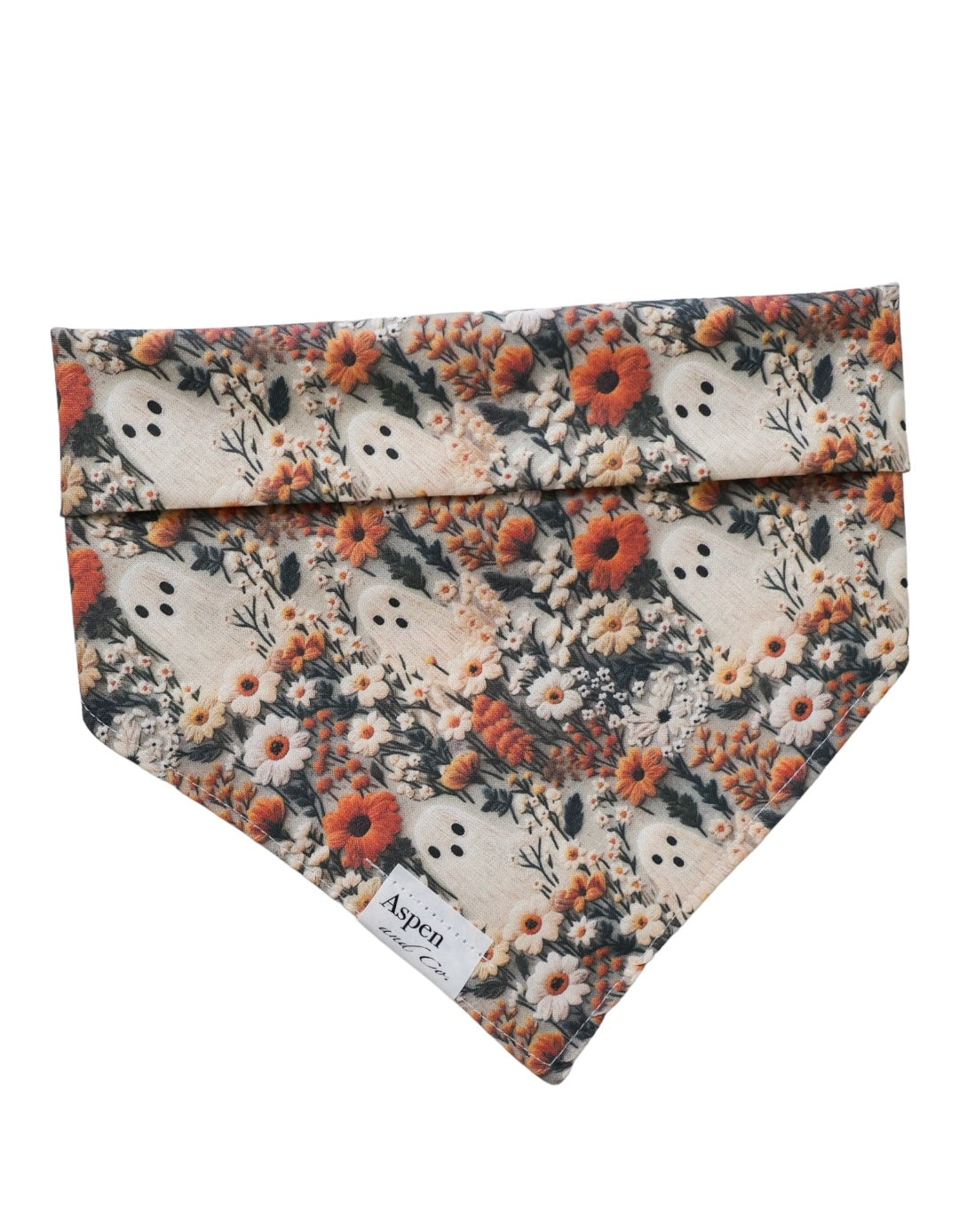 Ghostie dog bandana front side featuring autumn neutral colors, delicate foliage and floral patterns with small playful ghost designs, perfect fall-themed pet accessory