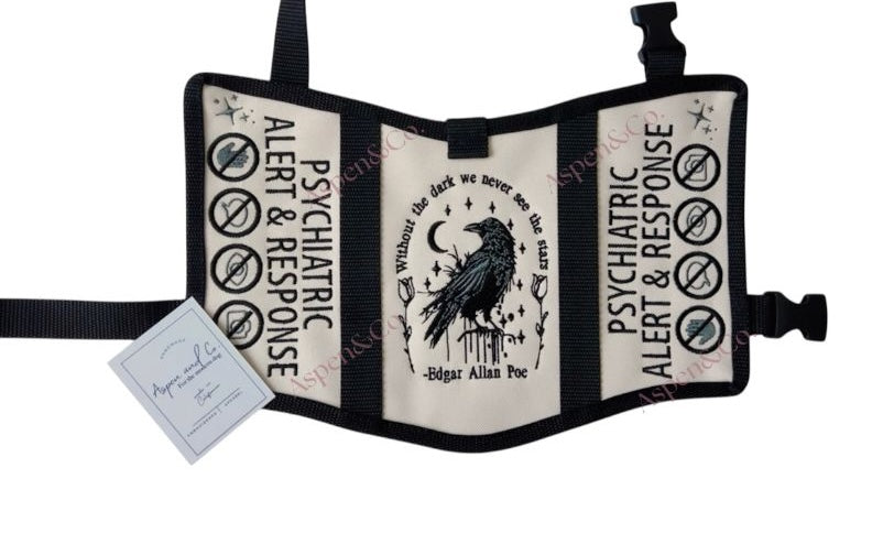 Fully embroidered psychiatric alert and response dog vest with raven design