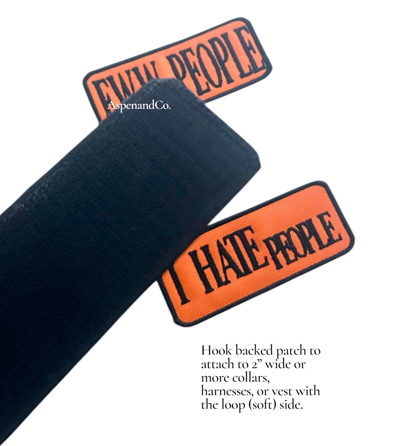 Hook-backed dog patches with humorous phrases, embroidered.