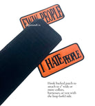 Hook-backed dog patches with humorous phrases, embroidered.
