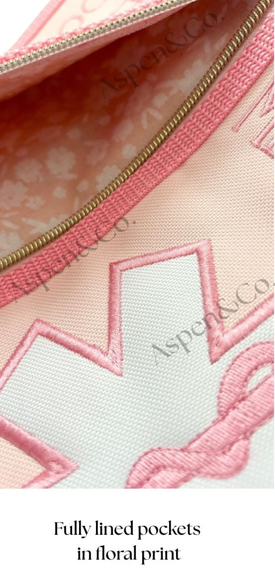 Close up of fully lined zippered pockets, showing coordinating floral print, designed by Aspen and Co.