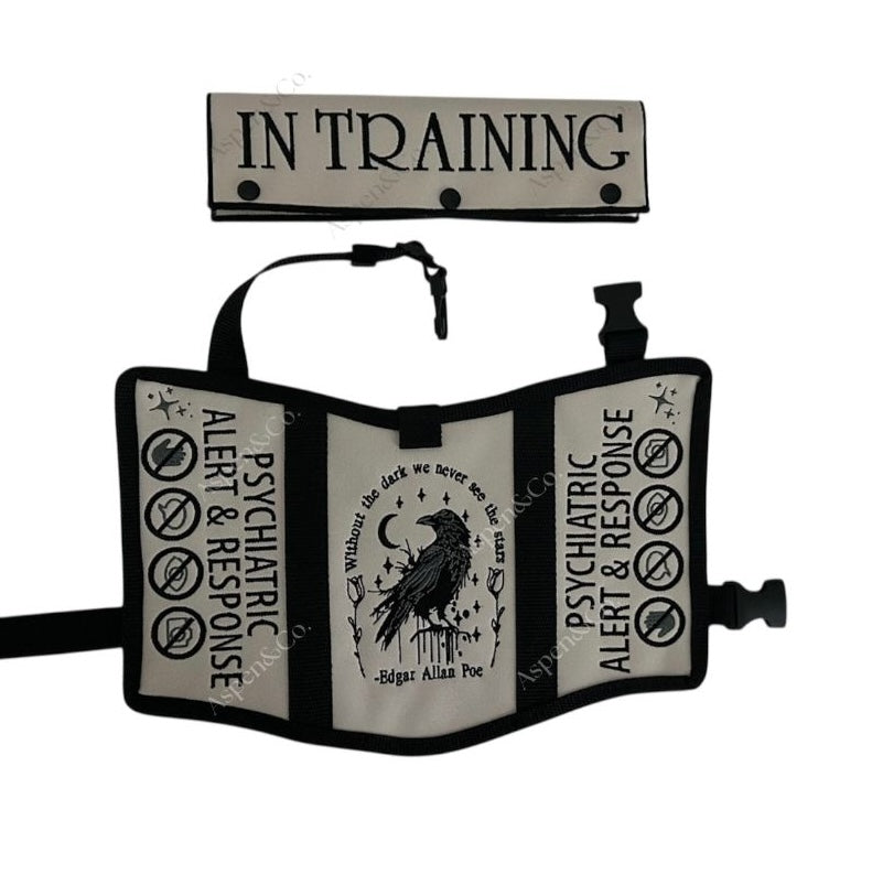 Psychiatric Alert service dog vest embroidered and shown with an add on In training leash wrap 