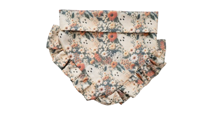 Dog bandana with ruffled trim featuring Ghostie design in autumn colors, decorated with small ghosts, foliage, and florals, made for a stylish and festive look