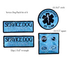 Set of four service dog patches with different shapes and text on a white background.